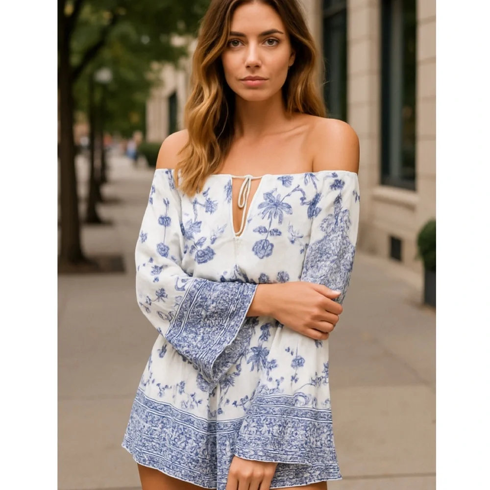 Jetset Diaries Blue White Floral Off Shoulder Boho Romper XS